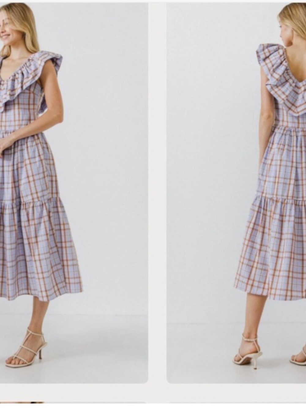 NWT English Factory Plaid Ruffle Midi Dress in Light Blue and Tan size Small - Picture 2 of 14